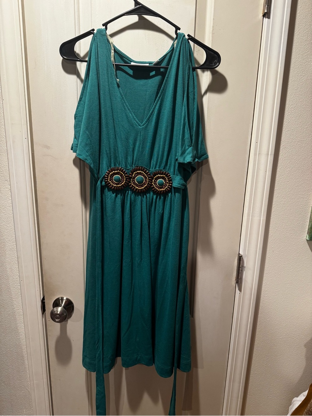 New York & Company Teal Cold-Shoulder V-Neck Midi Dress with Beaded Waist